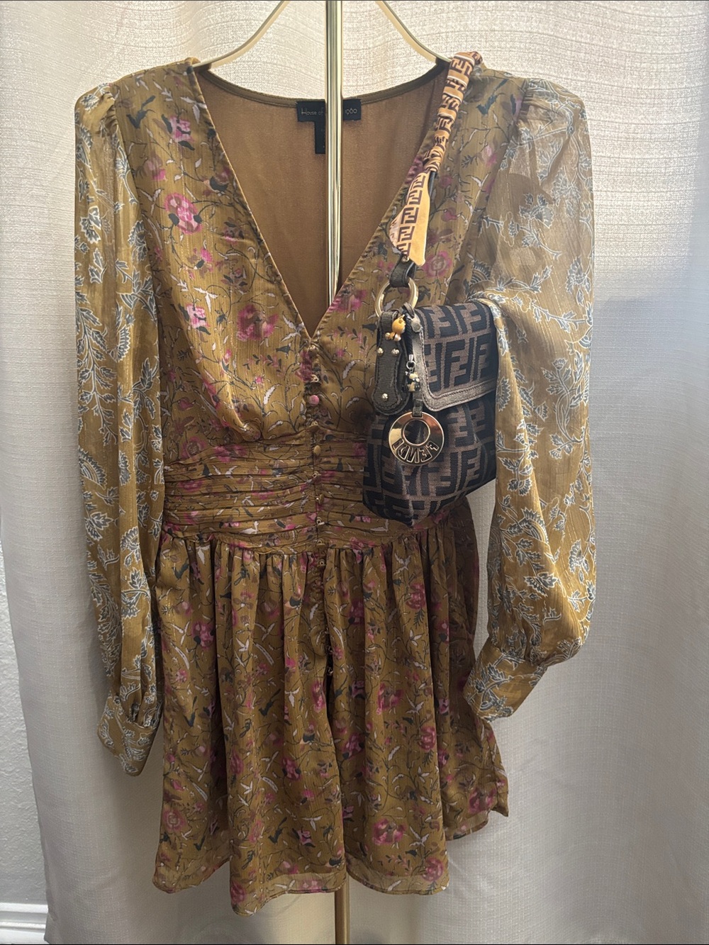 House of Harlow 1960 Mustard Floral V-Neck Mini Dress | Size XS